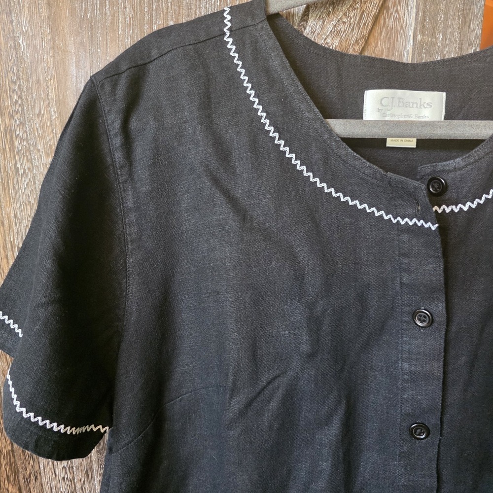 CJ Banks Shirt Women's Size 1X Black Short Sleeve Button Up Linen Rayon Blend - Picture 4 of 7